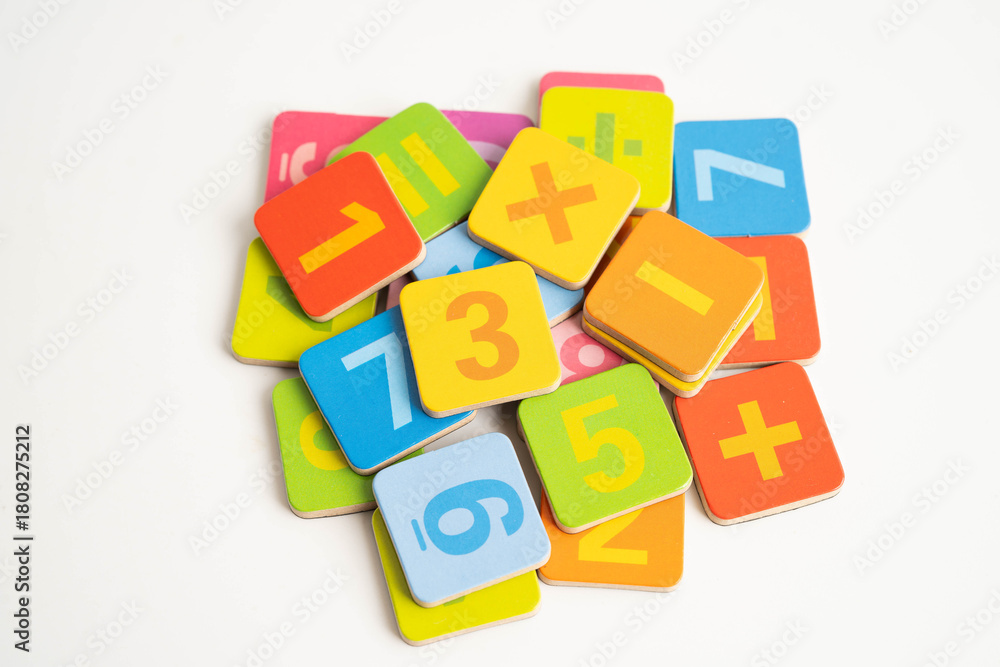 Obraz premium Number wood block cubes for learning Mathematic, education math concept.