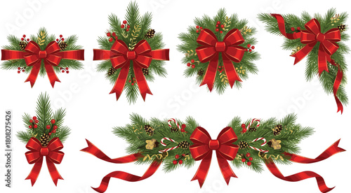 A festive set of Christmas decorations with elegant red bows, lush pine branches, and holly berries for holiday greetings