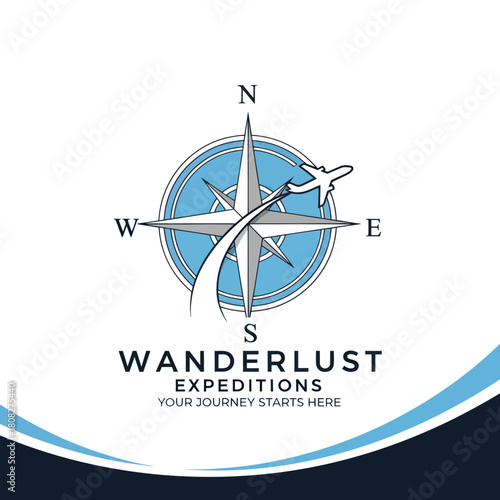 Wanderlust Expeditions Logo Featuring Compass, Airplane, and Travel Theme.