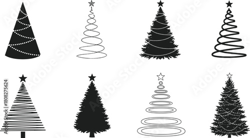 Collection of Stylized Christmas Tree Icons in Various Black and White Graphic Designs