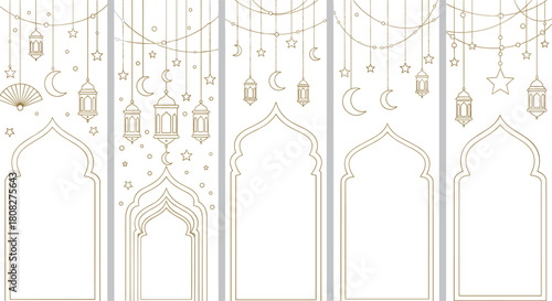Golden Islamic Decorative Arches with Crescent Moons, Lanterns and Stars for Ramadan and Eid Celebrations
