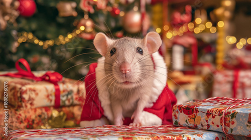 Cute rat in a Santa costume posing with Christmas gifts.