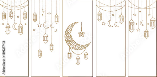 Stylized Gold Line Art Panel Set for Islamic Festivals, Showcasing Intricate Lanterns, Crescent Moons, and Sparkling Stars, Evoking a Sense of Joy and Tradition