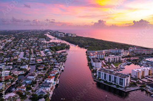 Boca Raton Florida Intracoastal Waterway Sunset Aerial View. 