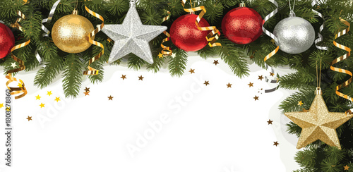 Christmas Decorations with Festive Ornaments and Star Embellishments on White Background