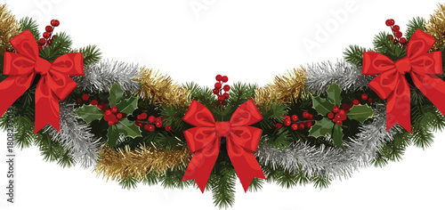 Festive Christmas Garland with Red Bows and Holiday Decorations for Seasonal Cheer