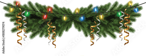Festive Christmas garland with colorful lights and ribbons, perfect for holiday decorations and seasonal greetings