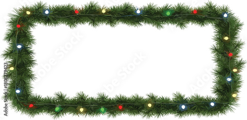 Christmas festive evergreen border frame with colorful lights and a rectangular blank space for text