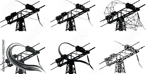 Abstract high voltage power line tower silhouettes with creative artistic distortion effects, electrical structure variations, industrial energy illustration set for design