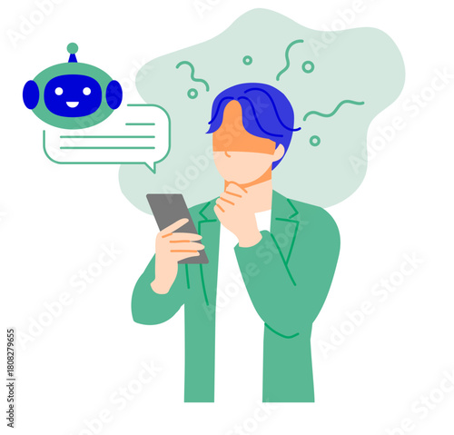 オフィスカジュアルな服装のビジネスマンがスマホで人工知能を使用し依存しているイラスト。