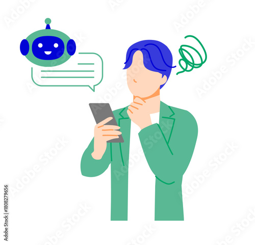オフィスカジュアルな服装のビジネスマンがスマホで人工知能を使用し困っているイラスト。フラットデザイン