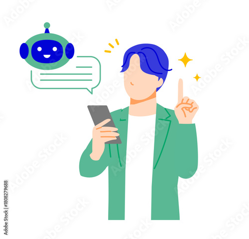 オフィスカジュアルな服装のビジネスマンがスマホで人工知能を使用し解決したイラスト。フラットデザイン
