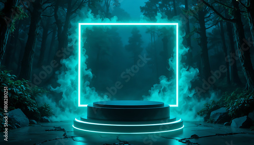 Mysterious neon square stage in dark forest