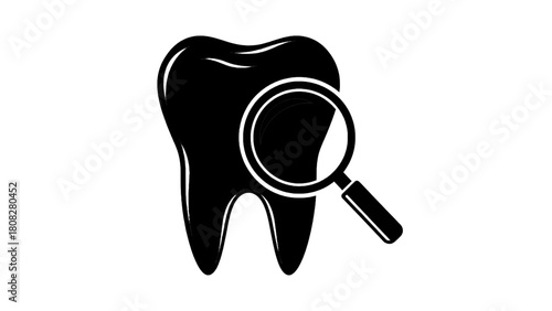 Vector illustration of black silhouette of a tooth with a magnifying glass, representing dental examination and care on transparent background