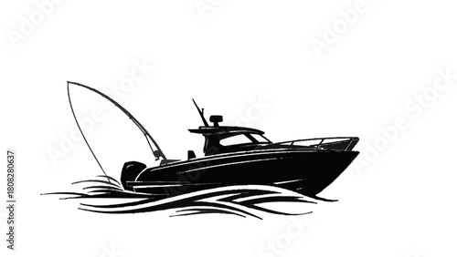 Vector illustration of fishing boat with a fishing rod on the water, creating waves, isolated on transparent background 