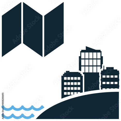 Resort Map Icon Vector Ideal for travel, hotel, and tourism graphics representing the layout, navigation, and location of amenities within a complex.