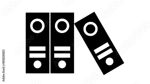 Vector illustration of three black office binders, two upright and one leaning, simple vector icon isolated on transparent background 