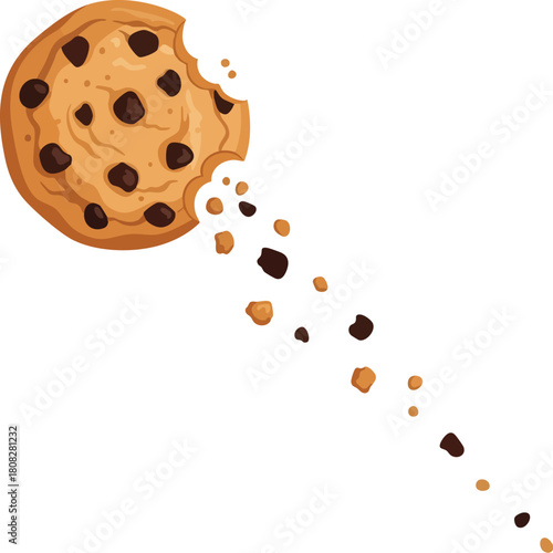 Illustration of a bitten chocolate chip cookie with crumbs and chocolate chips falling against a clean white background.