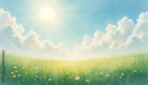 Fototapeta Naklejka Na Ścianę i Meble -  Bright sunny day over green meadow and blue sky