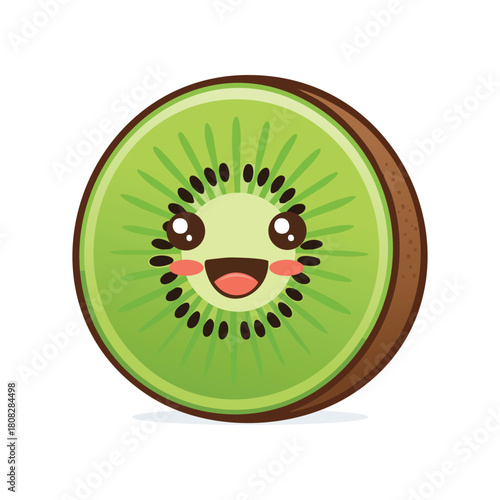 A cheerful and cute kawaii-style kiwi fruit slice with a big happy smile and sparkling eyes, isolated on a white background