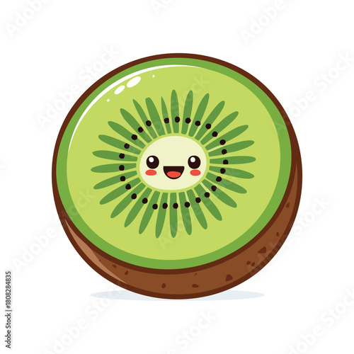 An adorable kawaii kiwi fruit character, depicted as a cheerful green slice with a smiling face. This is a cute and happy cartoon vector illustration isolated on a white background