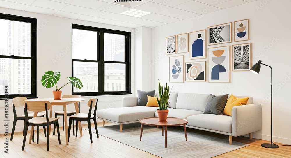 Fototapeta premium A modern, minimalist living room with a white couch, black framed windows, and a black floor lamp.
