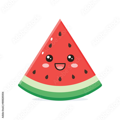 Cute kawaii slice of watermelon with a happy face, vector illustration