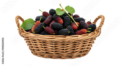 Freshly picked ripe mulberries in a woven basket, a healthy and delicious fruit option