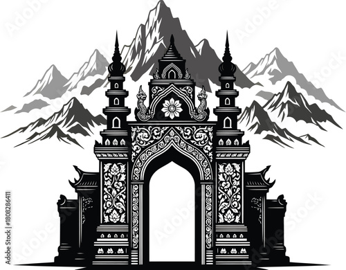 Ancient Temple Gate with Misty Mountains Black & White Silhouette Vector