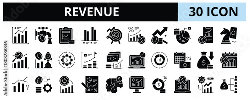 30 Revenue Glyph Icons Vector - Revenue Growth, Revenue Report, Profit Increase, Cash Revenue, Revenue Sharing, Revenue Analysis