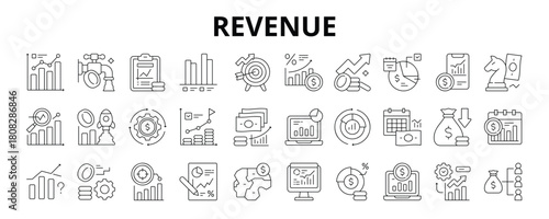 30 Revenue Line Icons Vector - Revenue Growth, Revenue Report, Profit Increase, Cash Revenue, Revenue Sharing, Revenue Analysis