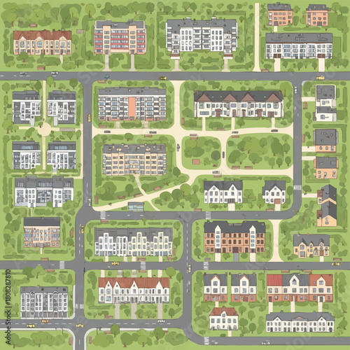 An illustrated aerial view showcases a meticulously planned residential neighborhood featuring diverse housing styles, green spaces, and roadways.
