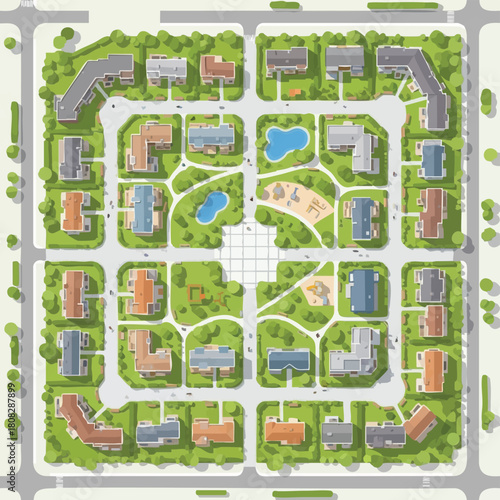 An aerial view showcases a meticulously planned residential neighborhood featuring houses, parks, and carefully arranged green spaces, illustrating urban planning.