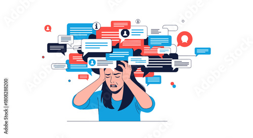 A stressed person overwhelmed by a barrage of notifications and messages from social media and communication apps.