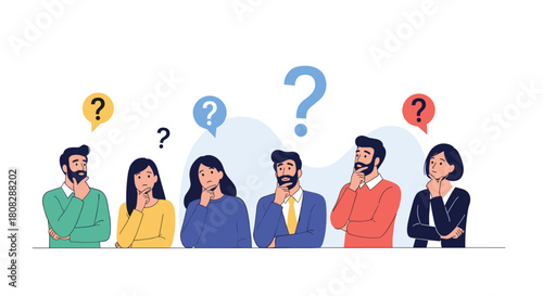 Diverse group of people thinking with question marks above their heads.