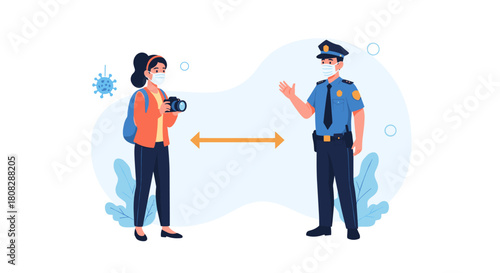 Person and police officer maintaining social distance and wearing masks.