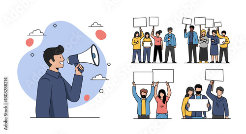 Illustration of people protesting and a person speaking through a megaphone with abstract shapes.