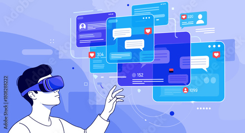 Person wearing VR headset interacting with virtual social media notifications and chat bubbles in a futuristic digital space.
