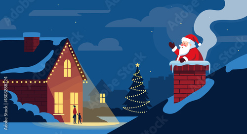 Santa Claus waves from a chimney next to a festive house and Christmas tree on a snowy night.