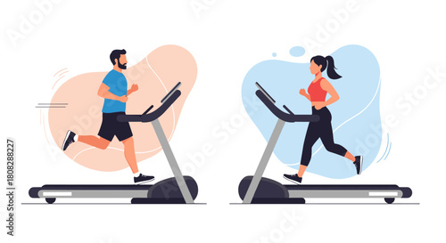 Man and woman running on treadmills side-by-side in a gym, exercising indoors.