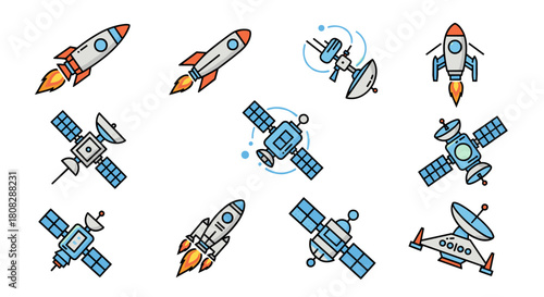 Collection of cartoon rockets and satellites in various styles and colors, set against a white background.