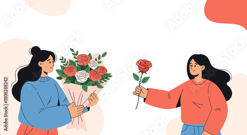 Two women exchange flowers, one holding a bouquet and the other a single rose.