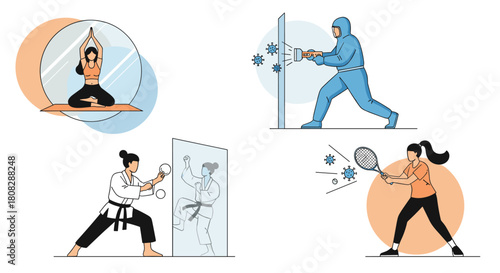 Illustrations showing people practicing yoga, martial arts, and tennis while protecting themselves from viruses.