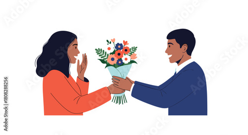 A man in a blue suit gives a colorful bouquet of flowers to a surprised woman in an orange shirt.