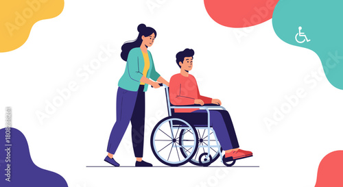 A woman pushes a man in a wheelchair, symbolizing care and accessibility.