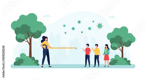 Woman measures social distancing with a tape measure between people in a park with virus particles in the air.