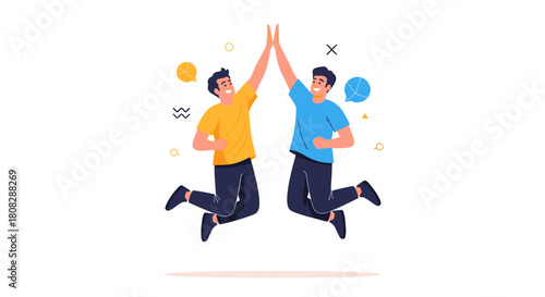 Two friends jumping and giving each other a high five in celebration.
