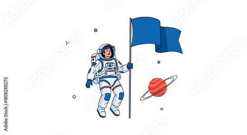 Astronaut planting a blue flag on an alien planet with a ringed planet in the background.