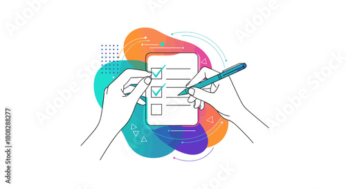 Two hands completing a checklist with a pen on a colorful abstract background.