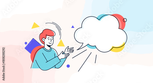 A person in a blue shirt gestures towards a blank speech bubble with colorful abstract shapes in the background.